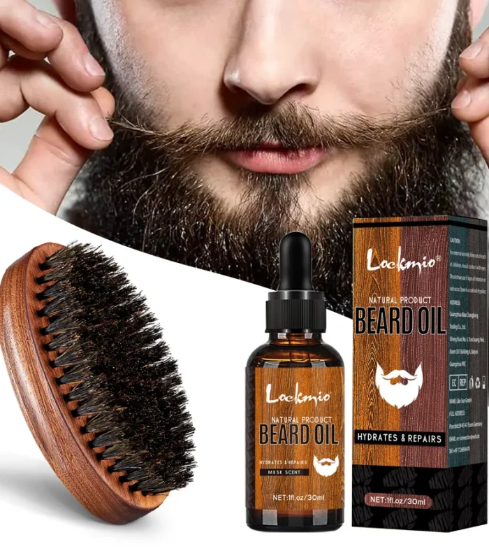 LOCKMIO Beard Grooming Set Musk Scent Beard Oil And High Quality Brush Nourishing Shine Soften Easily Shape Style For Men